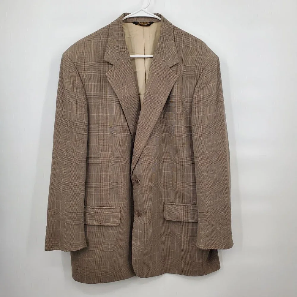 Brooks Brothers Plaid 2 Button Blazer Jacket Mens Size 44R Notched Lapels Brown